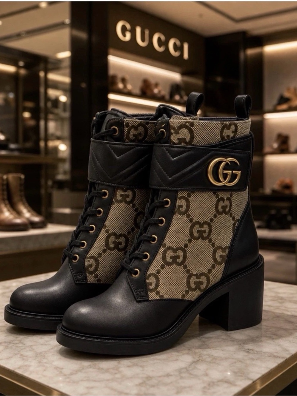Gucci Black and Beige GG Canvas Leather Ankle Boots

 SZ 39.5  719849 -39.5- 09A